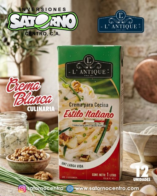 CREMA BLANCA CULINARIA LANTIQUE 💯 AL MAYOR 📦 

La Crema Blanca Culinaria L'ANTIQUE UHT de 1 Litro es la aliada perfecta para llevar tus creaciones gastronómicas al siguiente nivel profesional. Diseñada especialmente para la alta cocina y la repostería exigente, esta crema destaca por su textura sedosa, su excepcional estabilidad al calor y su gran rendimiento en todo tipo de reducciones, salsas y postres. 

Su avanzado proceso de ultra-pasteurización (UHT) garantiza una larga vida útil sin perder frescura ni sus propiedades organolépticas, asegurando una consistencia perfecta y uniforme en cada receta.

Con el respaldo de calidad de la marca L'ANTIQUE, la presentación de 1 litro optimiza el uso en cocinas comerciales y amantes de la cocina que buscan un producto confiable, versátil y de sabor equilibrado que no enmascara los ingredientes principales. 

CONTÁCTANOS

WhatsApp✨
📲 0414 442 4471

📩Correo: satornocentro@gmail.com

👇🏽👇🏾 Síguenos 👇🏻👇🏿

⬇️ En CARABOBO ⬇️
🔸Instagram @satornocentro ✔️
🔸 Nuestra Etiqueta 👉 #satornocentro

⬇️ En CARACAS ⬇️
🔸Instagram @satornojc ✔️

#satorno
#CremaBlanca
#CremaCulinaria
#ValenciaVenezuela