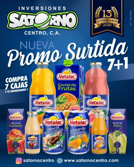 NATULAC PROMO SURTIDA EN SATORNO CENTRO 😍🍑📦🍐
Aprovecha NUESTRA PROMO SURTIDA con motivo de nuestro 13º Aniversario.
Llama a tu ejecutivo SATORNO asignado y abastece tu negocio con la línea de productos NATULAC.
¡Haz tu pedido ahora! 📦👇
SOMOS DISTRIBUIDORES 🙂👍
INVERSIONES SATORNO CENTRO, C.A.
RIF: J402152043
💼 CONTÁCTANOS
WhatsApp✨
📲 0414 442 4471
📩Correo: satornocentro@gmail.com
👇🏽👇🏾 Síguenos 👇🏻👇🏿
⬇️ En CARABOBO ⬇️
🔸Instagram @satornocentro ✔️
🔸 Nuestra Etiqueta 👉 #satornocentro
⬇️ En CARACAS ⬇️
🔸Instagram @satornojc ✔️
#satorno
#JugosNatulac
#JugosNatulacalmayor
#ValenciaVenezuela